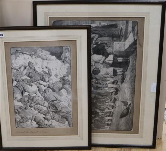 Two WWI French lithographs, Soldiers on parade and The Ramparts of Verdun, signed and numbered, largest 42 x 58cm